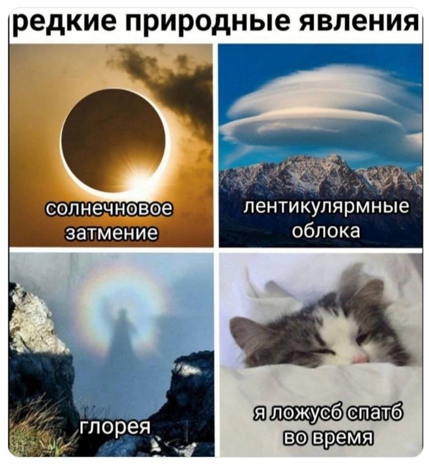 Редкие природные явления: солнечное затмение, лентикулярные облака, глорея, я ложусь спать во время