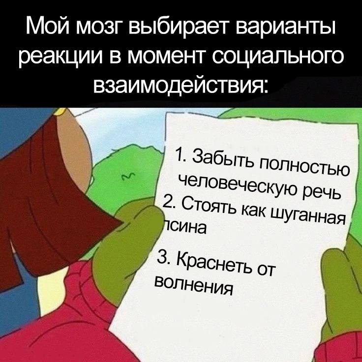 Мой мозг выбирает варианты реакции в момент социального взаимодействия: забыть полностью человеческую речь, стоять как шуганная псина, краснеть от волнения