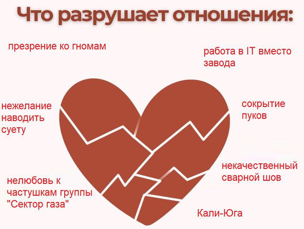 Что разрушает отношения: презрение ко гномам, нежелание наводить суету, нелюбовь к частушкам группы 'Сектор газа', сокрытие пуков, некачественный сварной шов, Кали-Юга